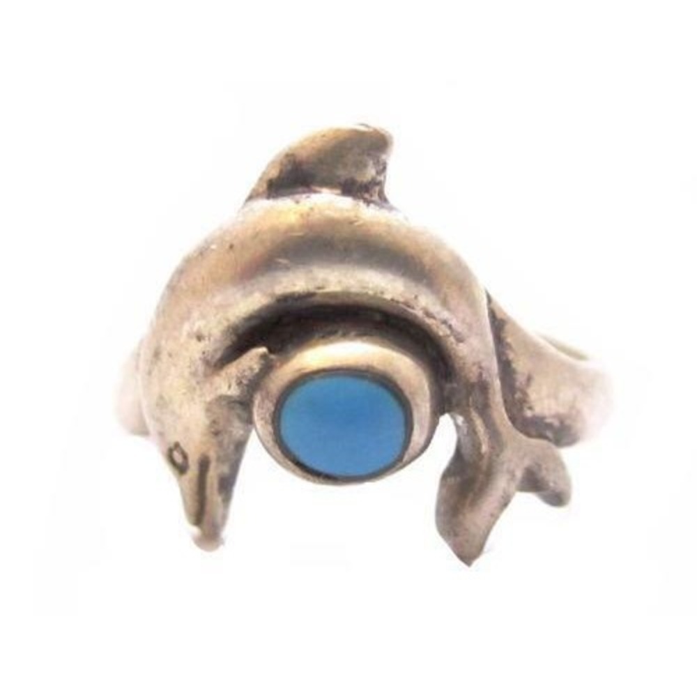 Swimming Dolphin Turquoise‎ Gemstone Sterling Silver Ring*Signed OTT 925